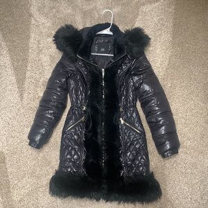 River Island longline shiny quilted faux fur trim coat in black